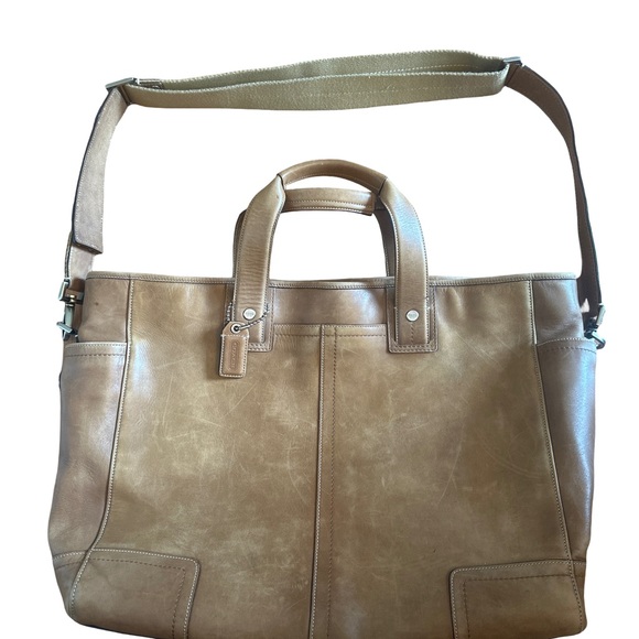 Coach Briefcase Business Men’s  Bag In Stylist Beige Leather, Zipper Compartment - Picture 1 of 9